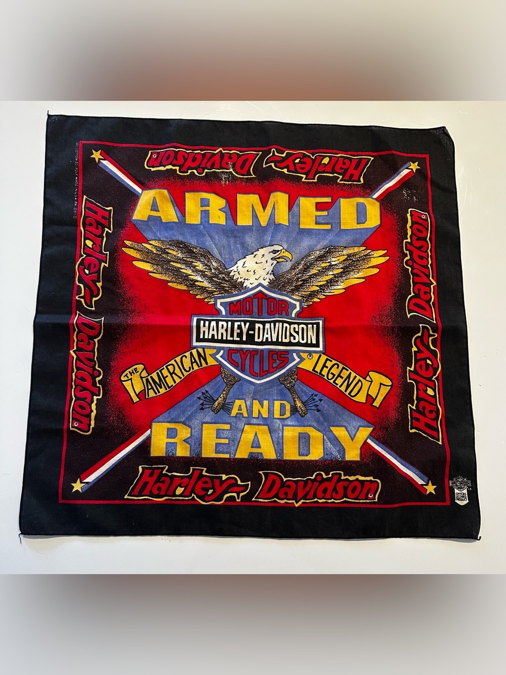Vtg Harley Davidson Bandana Armed & Ready Eagle American Legend Black Red 21x21